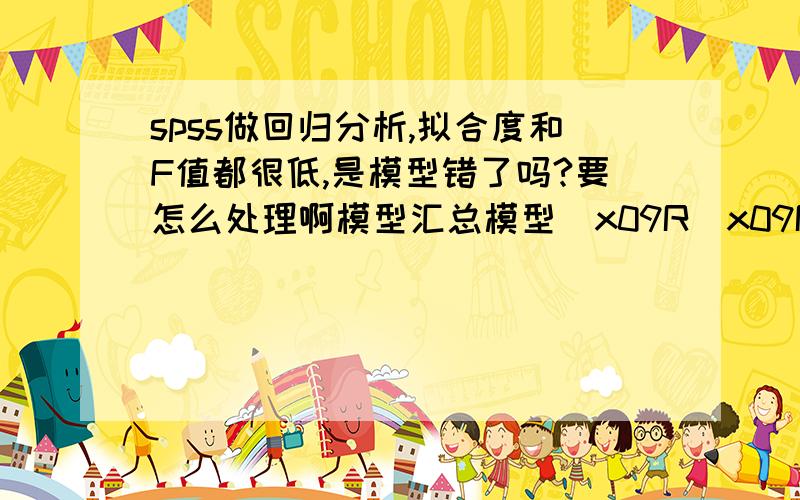 spss做回归分析,拟合度和F值都很低,是模型错了吗?要怎么处理啊模型汇总模型\x09R\x09R 方\x09调整 R 方\x09标准 估计的误差1\x09.248a\x09.061\x09.052\x09.0773419953533\x09\x09\x09Anova(b)模型\x09\x09平方和\x09df