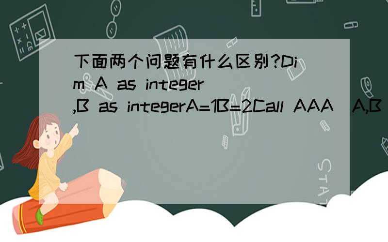 下面两个问题有什么区别?Dim A as integer,B as integerA=1B=2Call AAA(A,B)Print A,B '得到的结果是2 3 (形参的改变影响到了实参)Call BBB(A,B)Pring A,B '得到的结果跟上面的一样,2 3(形参的改变并没有影响到这