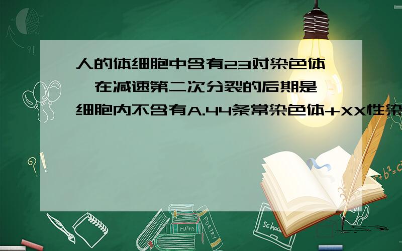 人的体细胞中含有23对染色体,在减速第二次分裂的后期是,细胞内不含有A.44条常染色体+XX性染色体B.44条常染色体+YY性染色体C.44条常染色体+XY性染色体D.两组数目和形态相同的染色体C 我要解