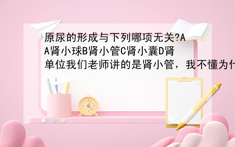 原尿的形成与下列哪项无关?AA肾小球B肾小管C肾小囊D肾单位我们老师讲的是肾小管，我不懂为什么