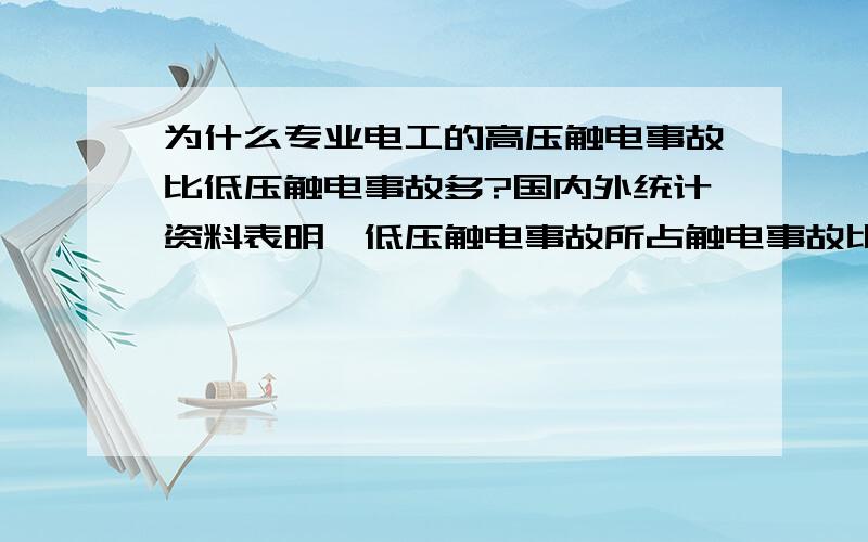 为什么专业电工的高压触电事故比低压触电事故多?国内外统计资料表明,低压触电事故所占触电事故比例要大于高压触电事故.主要原因是低压设备多,低压电网广,与人接触机会多；设备简陋,