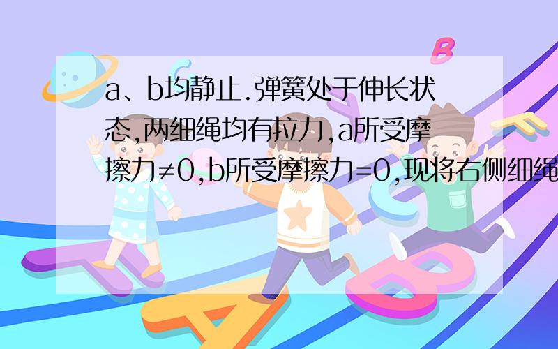 a、b均静止.弹簧处于伸长状态,两细绳均有拉力,a所受摩擦力≠0,b所受摩擦力=0,现将右侧细绳剪断为什么B会有向右的摩擦力