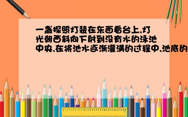 一盏探照灯装在东面看台上,灯光朝西斜向下射到没有水的泳池中央,在将池水逐渐灌满的过程中,池底的光斑将：A.从上向下移动 B.从下向上移动 C.先向上移动后向下移动 D.仍在原位置