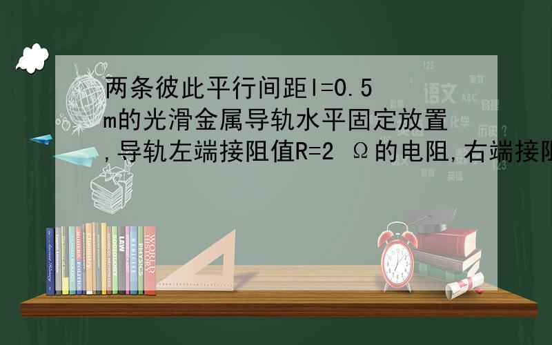 两条彼此平行间距l=0.5 m的光滑金属导轨水平固定放置,导轨左端接阻值R=2 Ω的电阻,右端接阻值RL=4 Ω的小灯泡,如图（a）所示.在导轨的MNQP矩形区域内有竖直向上的匀强磁场,MP的长d=2 m,MNQP区域