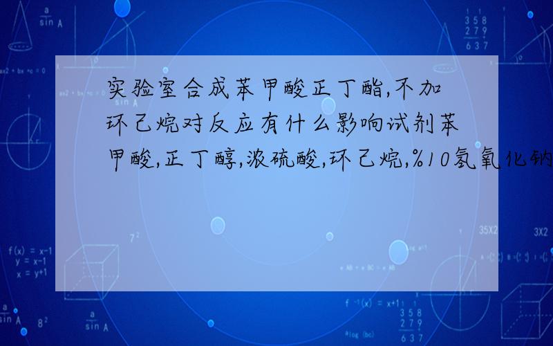 实验室合成苯甲酸正丁酯,不加环己烷对反应有什么影响试剂苯甲酸,正丁醇,浓硫酸,环己烷,%10氢氧化钠等等,不加环己烷对反应有什么影响,还要各种蒸馏