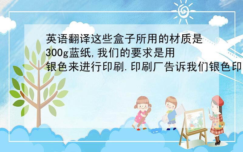 英语翻译这些盒子所用的材质是300g蓝纸,我们的要求是用银色来进行印刷.印刷厂告诉我们银色印在蓝纸上的效果不是很好,他们建议我们用 P876（金色）,请确认并给我们建议.