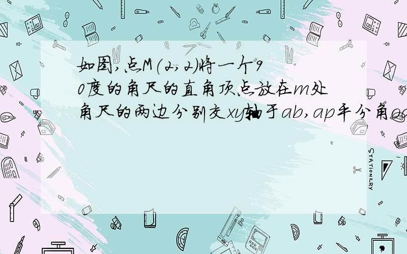 如图,点M(2,2)将一个90度的角尺的直角顶点放在m处角尺的两边分别交xy轴于ab,ap平分角oam交om于p,pn垂直于x轴将角尺绕m旋转时,on加二分之一的ab的值会发生变化么,证明你的结论.要看的懂最有理