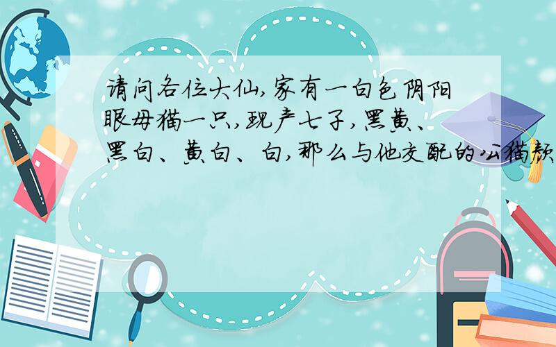 请问各位大仙,家有一白色阴阳眼母猫一只,现产七子,黑黄、黑白、黄白、白,那么与他交配的公猫颜色?3Q