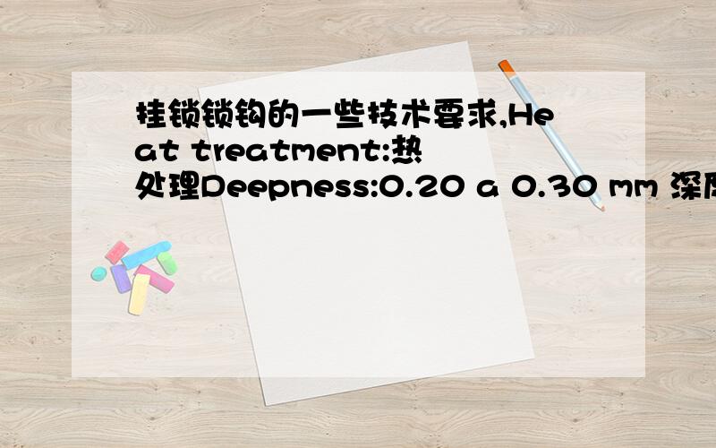 挂锁锁钩的一些技术要求,Heat treatment:热处理Deepness:0.20 a 0.30 mm 深度Strength:50 a 55 R C 强度Galvanized:镀锌Thickness Cu:0.010 a 0.015 mm 铜Thickness Ni:0.008 a 0.010 mm 镍Thickness Cr:Flash (can be 0.003 mm) 铬