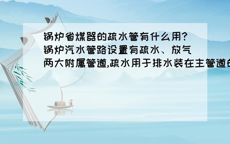 锅炉省煤器的疏水管有什么用?锅炉汽水管路设置有疏水、放气两大附属管道,疏水用于排水装在主管道的最低端,放气为排空气的安装与主管道顶端.因过热器管道安装有喷水减温器用给水介质