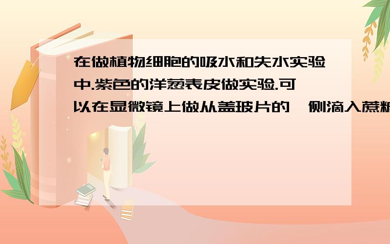 在做植物细胞的吸水和失水实验中.紫色的洋葱表皮做实验.可以在显微镜上做从盖玻片的一侧滴入蔗糖溶液在另一侧用吸水纸反复吸引,然后用高倍镜观察原生质层与细胞壁的分离.这一项可以