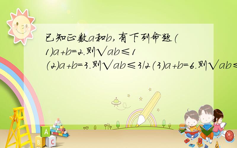 已知正数a和b,有下列命题（1）a+b=2.则√ab≤1（2）a+b=3.则√ab≤3/2（3）a+b=6.则√ab≤3你能从以上各命题总结出一般规律吗?并加以证明 钩钩是根号