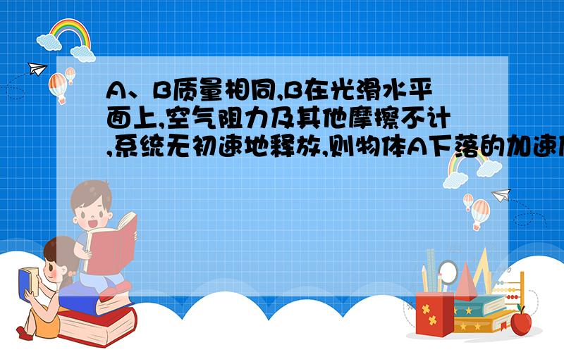 A、B质量相同,B在光滑水平面上,空气阻力及其他摩擦不计,系统无初速地释放,则物体A下落的加速度?（答案是4g/5）