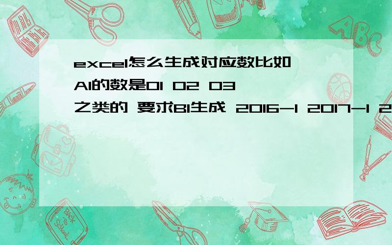 excel怎么生成对应数比如A1的数是01 02 03 之类的 要求B1生成 2016-1 2017-1 2018-1 这样的 有什么办法可以解决呢