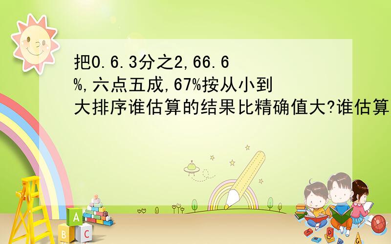 把0.6.3分之2,66.6%,六点五成,67%按从小到大排序谁估算的结果比精确值大?谁估算的结果比精确值小?丽：因为4200÷70=60 所以4104÷76≈60军：因为4000/80=50 所以4104/76≈50先估算,再列竖式计算3.02*9.6（