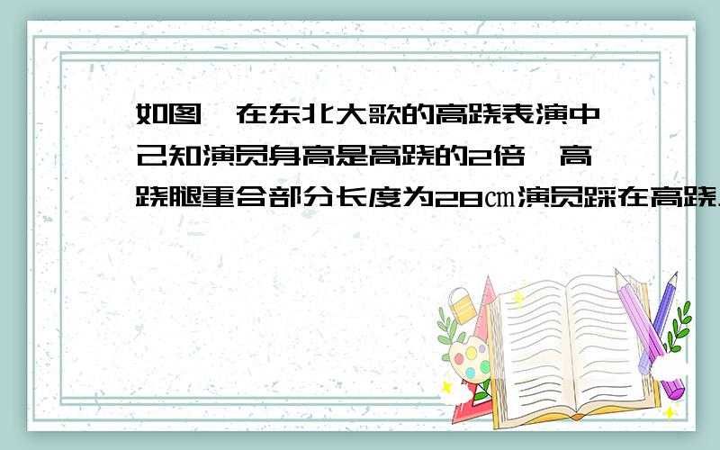 如图,在东北大歌的高跷表演中己知演员身高是高跷的2倍,高跷腿重合部分长度为28㎝演员踩在高跷上时,头顶距离地面的高度为224㎝,