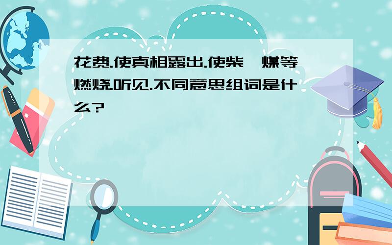 花费.使真相露出.使柴、煤等燃烧.听见.不同意思组词是什么?