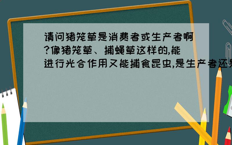 请问猪笼草是消费者或生产者啊?像猪笼草、捕蝇草这样的,能进行光合作用又能捕食昆虫,是生产者还是消费者啊?还是兼有两者特性?猪笼草图片大家可以在百度图片上搜搜,挺好玩的样子···