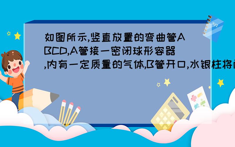 如图所示,竖直放置的弯曲管ABCD,A管接一密闭球形容器,内有一定质量的气体,B管开口,水银柱将两部分气体封闭,各管形成的液面高度差分别为h1、h2和h3．外界大气压强为H0（cmHg）．后来在B管开