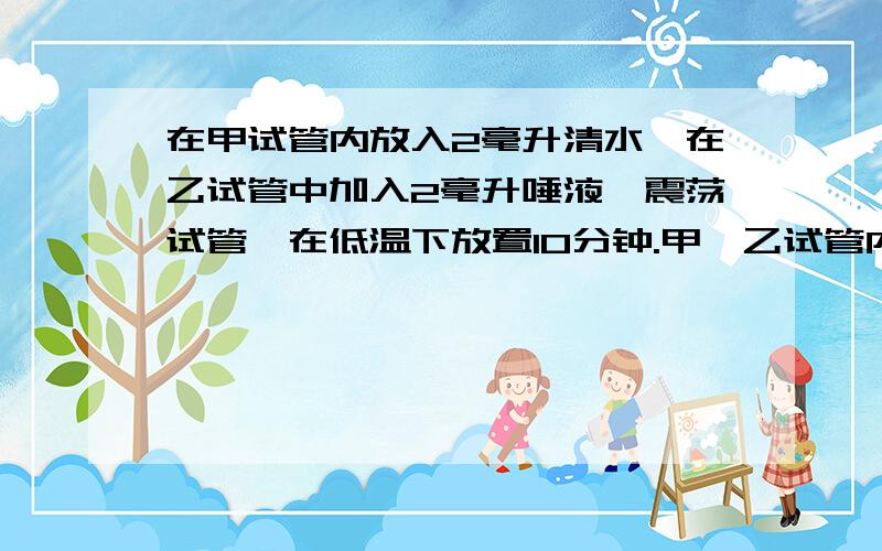 在甲试管内放入2毫升清水,在乙试管中加入2毫升唾液,震荡试管,在低温下放置10分钟.甲,乙试管内的颜色变化和原因.