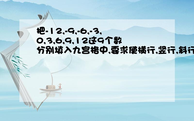 把-12,-9,-6,-3,0,3,6,9,12这9个数分别填入九宫格中,要求使横行,竖行,斜行三个数的和都相等