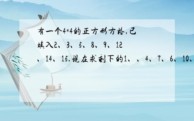 有一个4*4的正方形方格,已填入2、3、5、8、9、12、14、15,现在求剩下的1、、4、7、6、10、11、13、16填把这几个数字填入空格内2 35 89 1214 15