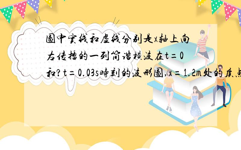 图中实线和虚线分别是x轴上向右传播的一列简谐横波在t=0和?t=0.03s时刻的波形图,x=1.2m处的质点在t=0.03s时刻向y轴正方向运动,则 ( A．该波的频率可能是125Hz?B．该波的波速可能是10m/s?C．t=0时x=1