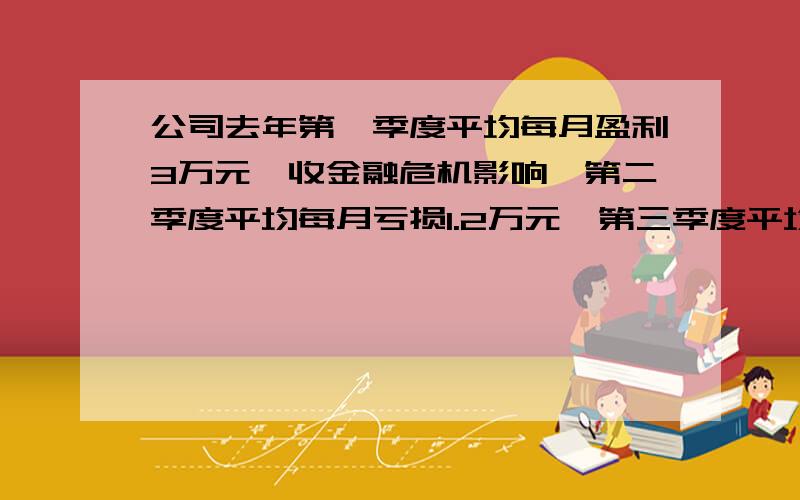 公司去年第一季度平均每月盈利3万元,收金融危机影响,第二季度平均每月亏损1.2万元,第三季度平均每月亏损1.6元,公司个改变了经营策略,扩大内需,到第四季度平均每月盈利2.4万元,该公司去