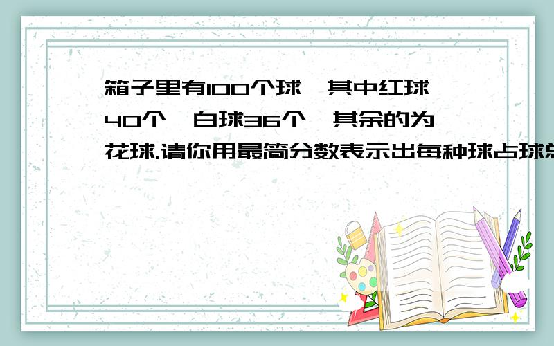 箱子里有100个球,其中红球40个,白球36个,其余的为花球.请你用最简分数表示出每种球占球总数的几分之几