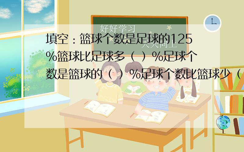 填空：篮球个数是足球的125%篮球比足球多（ ）%足球个数是篮球的（ ）%足球个数比篮球少（ ）%