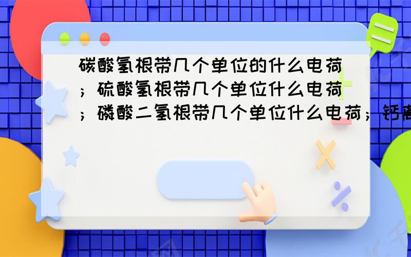 碳酸氢根带几个单位的什么电荷；硫酸氢根带几个单位什么电荷；磷酸二氢根带几个单位什么电荷；钙离子带几个单位什么电荷 .镁离子；锌离子；氯离子；铜离子；铝离子；亚铁离子；铁