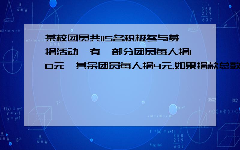 某校团员共115名积极参与募捐活动,有一部分团员每人捐10元,其余团员每人捐4元.如果捐款总数为790元,那么捐10元的有几人?用方程解