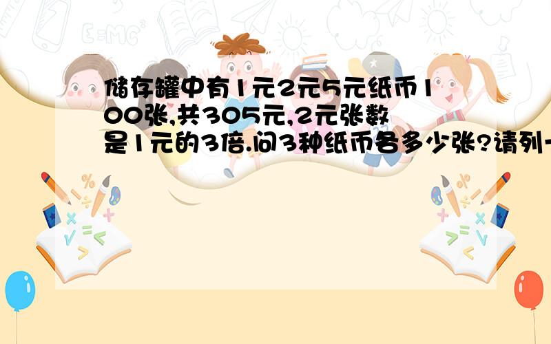 储存罐中有1元2元5元纸币100张,共305元,2元张数是1元的3倍.问3种纸币各多少张?请列一元方程式解题.