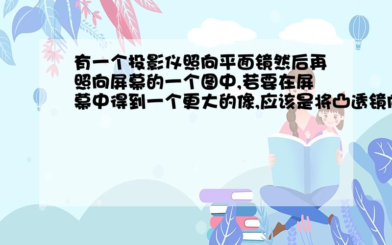 有一个投影仪照向平面镜然后再照向屏幕的一个图中,若要在屏幕中得到一个更大的像,应该是将凸透镜向哪里移动?我老师说向下 我没明白...他说往下移动是对的吗?不是应该往后移动才是缩