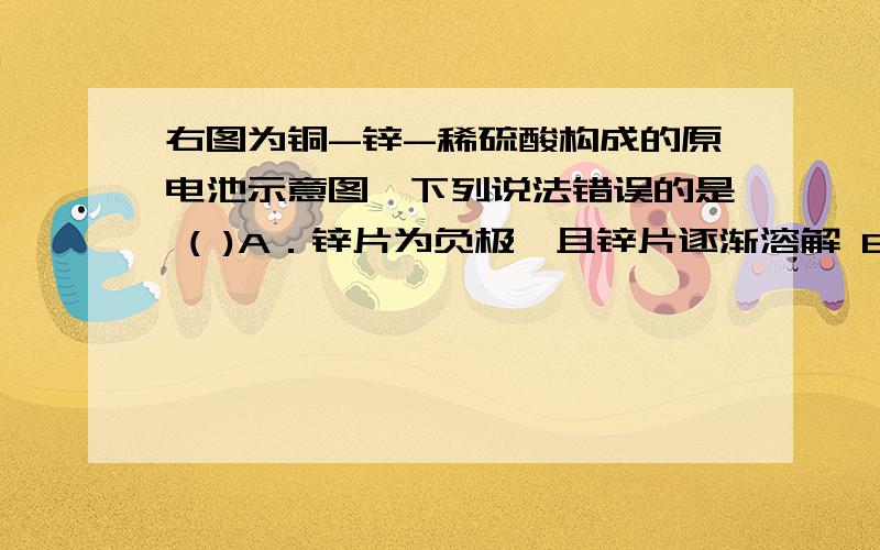 右图为铜-锌-稀硫酸构成的原电池示意图,下列说法错误的是 ( )A．锌片为负极,且锌片逐渐溶解 B．铜片为正极,且铜片上有气泡 C．电子由铜片通过导线流向锌片 D．该装置能将化学能转变为电