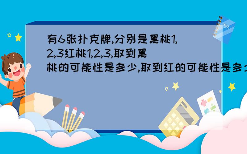 有6张扑克牌,分别是黑桃1,2,3红桃1,2,3,取到黑桃的可能性是多少,取到红的可能性是多少