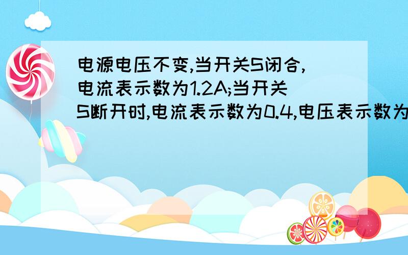 电源电压不变,当开关S闭合,电流表示数为1.2A;当开关S断开时,电流表示数为0.4,电压表示数为6V,则两个灯泡的电阻分别多大?开关S断开时,电路中的电阻最大能为多少?？？！！传不了图？请移步