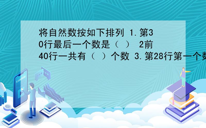 将自然数按如下排列 1.第30行最后一个数是（ ） 2前40行一共有（ ）个数 3.第28行第一个数是（ ）1           2        3        4          5      6        7       8     910     11     12      13    14  15  16