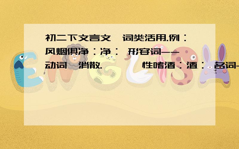 初二下文言文,词类活用.例：风烟俱净：净： 形容词-- 动词,消散.       性嗜酒：酒： 名词--动词,饮酒.题：猛浪若奔：奔：负势竞上：上：互相轩邈：轩：邈：鸢飞戾天者,望峰息心：鸢：