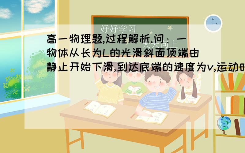 高一物理题,过程解析.问：一物体从长为L的光滑斜面顶端由静止开始下滑,到达底端的速度为v,运动时间为t,当物体的速度为0.5v时,下滑的距离为___L?下滑的时间为___t?物体到达斜面中点位置的