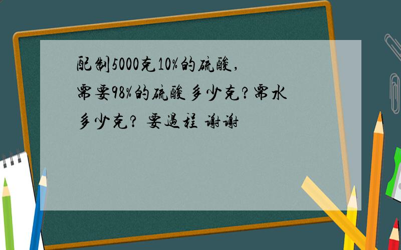 配制5000克10%的硫酸,需要98%的硫酸多少克?需水多少克? 要过程 谢谢