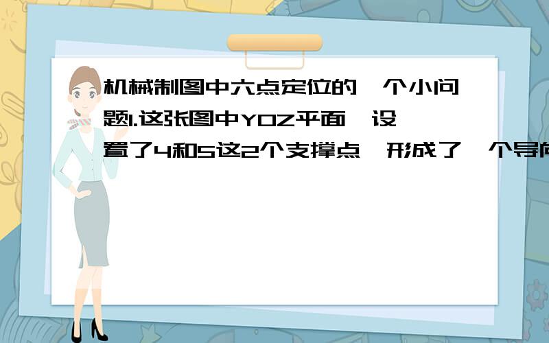 机械制图中六点定位的一个小问题1.这张图中YOZ平面,设置了4和5这2个支撑点,形成了一个导向面；不是只能在Y移动吗,Y旋转Z移动Z旋转X移动X旋转都被限制了吗?为什么说4和5只限制了X移动和Z旋