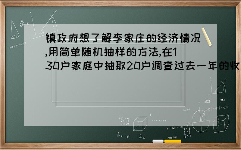 镇政府想了解李家庄的经济情况,用简单随机抽样的方法,在130户家庭中抽取20户调查过去一年的收入（单位：万元）,结果如下：1.3 1.7 2.4 1.1 1.4 1.6 1.6 2.7 2.1 1.50.9 3.2 1.3 2.1 2.6 2.1 1.0 1.8 2.2 1.8试