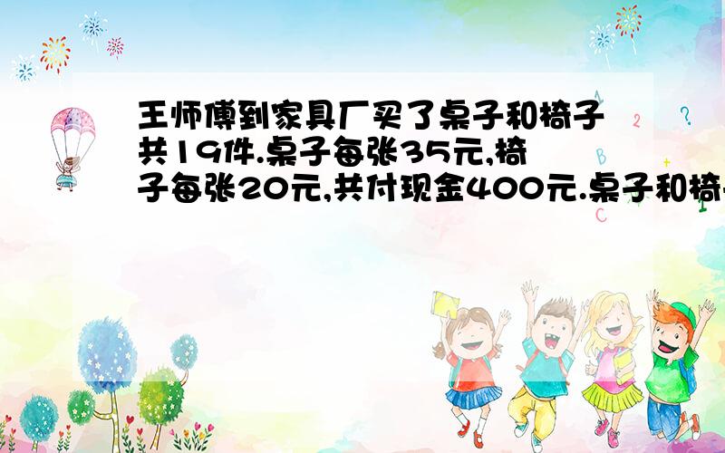 王师傅到家具厂买了桌子和椅子共19件.桌子每张35元,椅子每张20元,共付现金400元.桌子和椅子各买了几张我算了 .可是结果除不尽/我用的是解方程.设桌子买了X张,椅子买了（19-X）张.