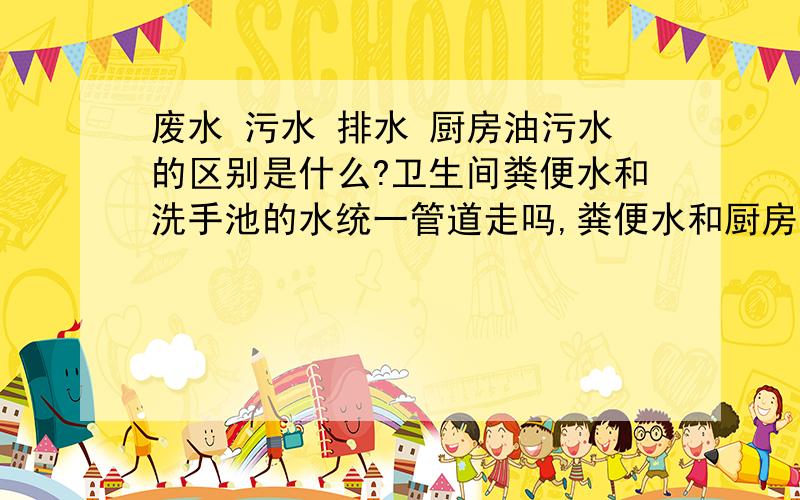 废水 污水 排水 厨房油污水的区别是什么?卫生间粪便水和洗手池的水统一管道走吗,粪便水和厨房油污水会不会在同一管道排走?