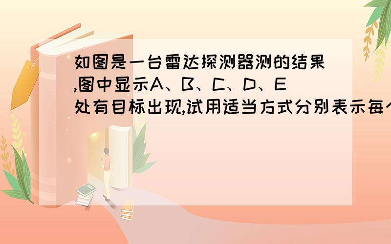 如图是一台雷达探测器测的结果,图中显示A、B、C、D、E处有目标出现,试用适当方式分别表示每个目标位置