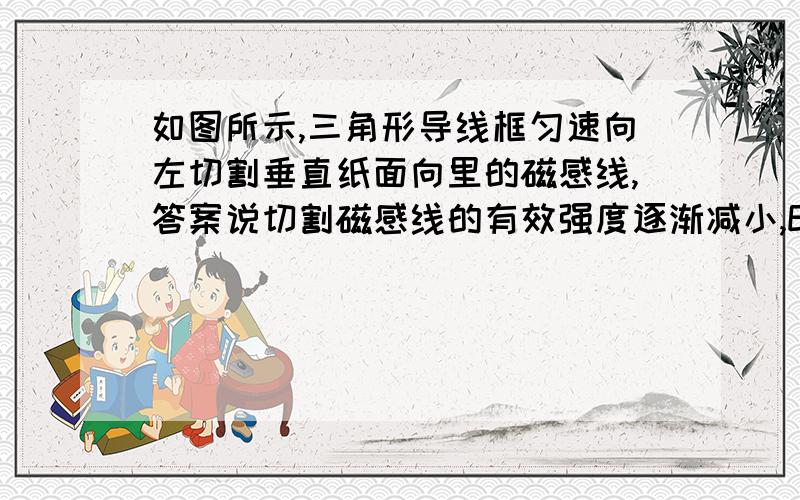 如图所示,三角形导线框匀速向左切割垂直纸面向里的磁感线,答案说切割磁感线的有效强度逐渐减小,E=BLV,所以感应电动势逐渐减小,电流逐渐减小.但是根据法拉第电磁感应定律,磁通量逐渐增