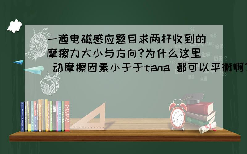 一道电磁感应题目求两杆收到的摩擦力大小与方向?为什么这里 动摩擦因素小于于tana 都可以平衡啊?两条电阻不计的导轨  与水平面的夹角为a  导轨间距L=0.5m  导轨上放置两条金属杆 电阻均为