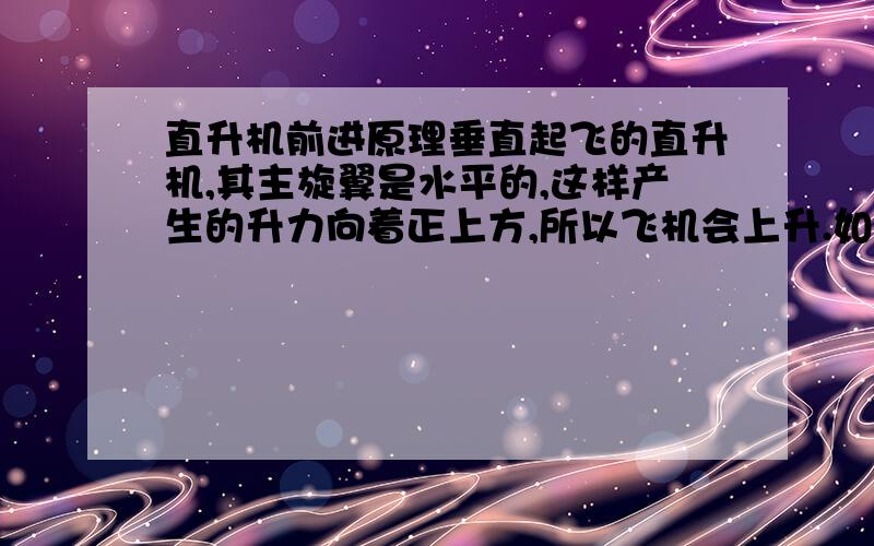 直升机前进原理垂直起飞的直升机,其主旋翼是水平的,这样产生的升力向着正上方,所以飞机会上升.如果想要前进,则需要调节主旋翼的方向,让其稍微向前偏一点,这样产生的升力是斜着向着前