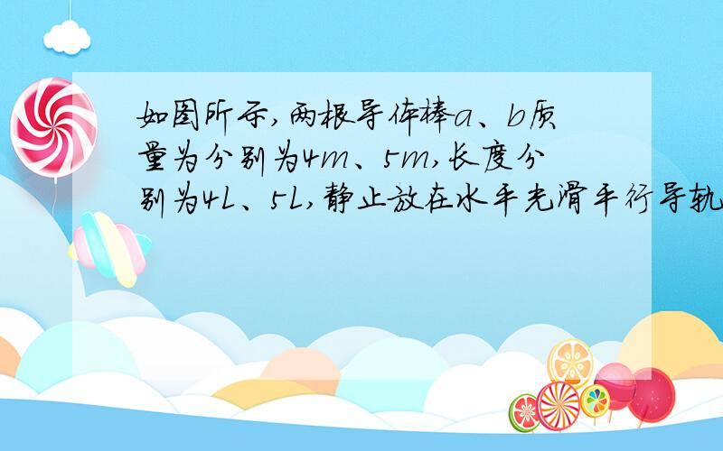 如图所示,两根导体棒a、b质量为分别为4m、5m,长度分别为4L、5L,静止放在水平光滑平行导轨上,与导轨接触良好,导轨所在处有竖直向下的匀强磁场,突然给b棒一个向右的速度v0,a、b只限在跟自己